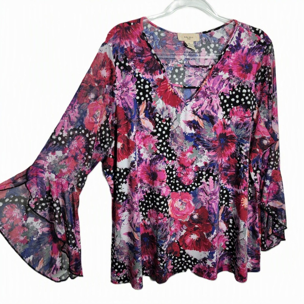 Diana Belle Woman 2X Top Pink Floral Polka Dot Bell Sleeve V-Neck 13831XD